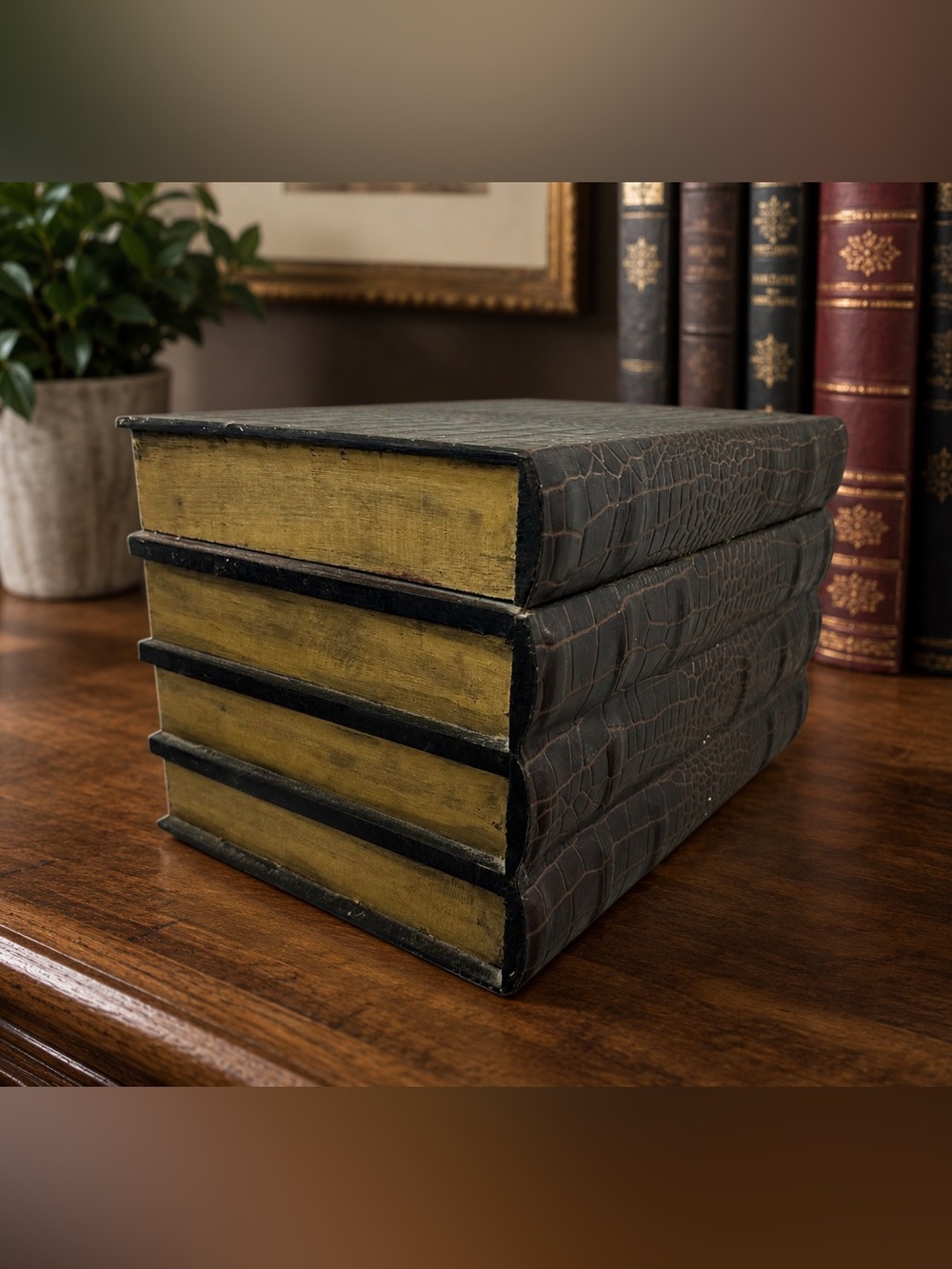 Vintage Faux Crocodile Book CD Storage Box Hidden Media Organizer Library Decor